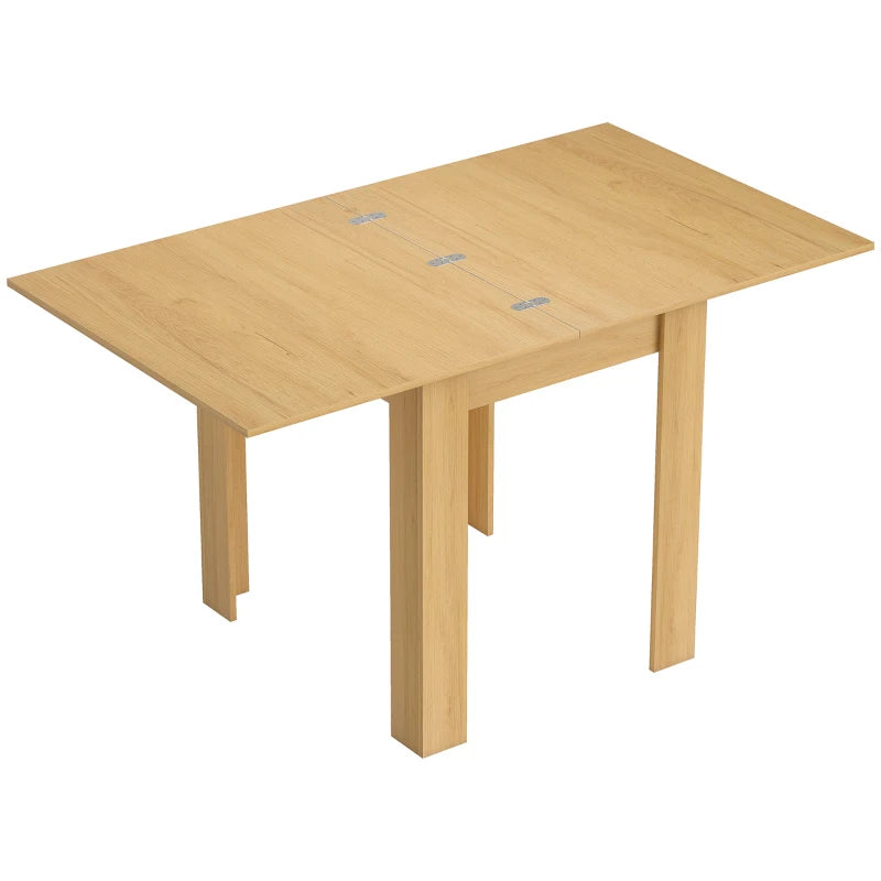 Natural wood rectangular folding dining table with drop-leaf ends and four legs