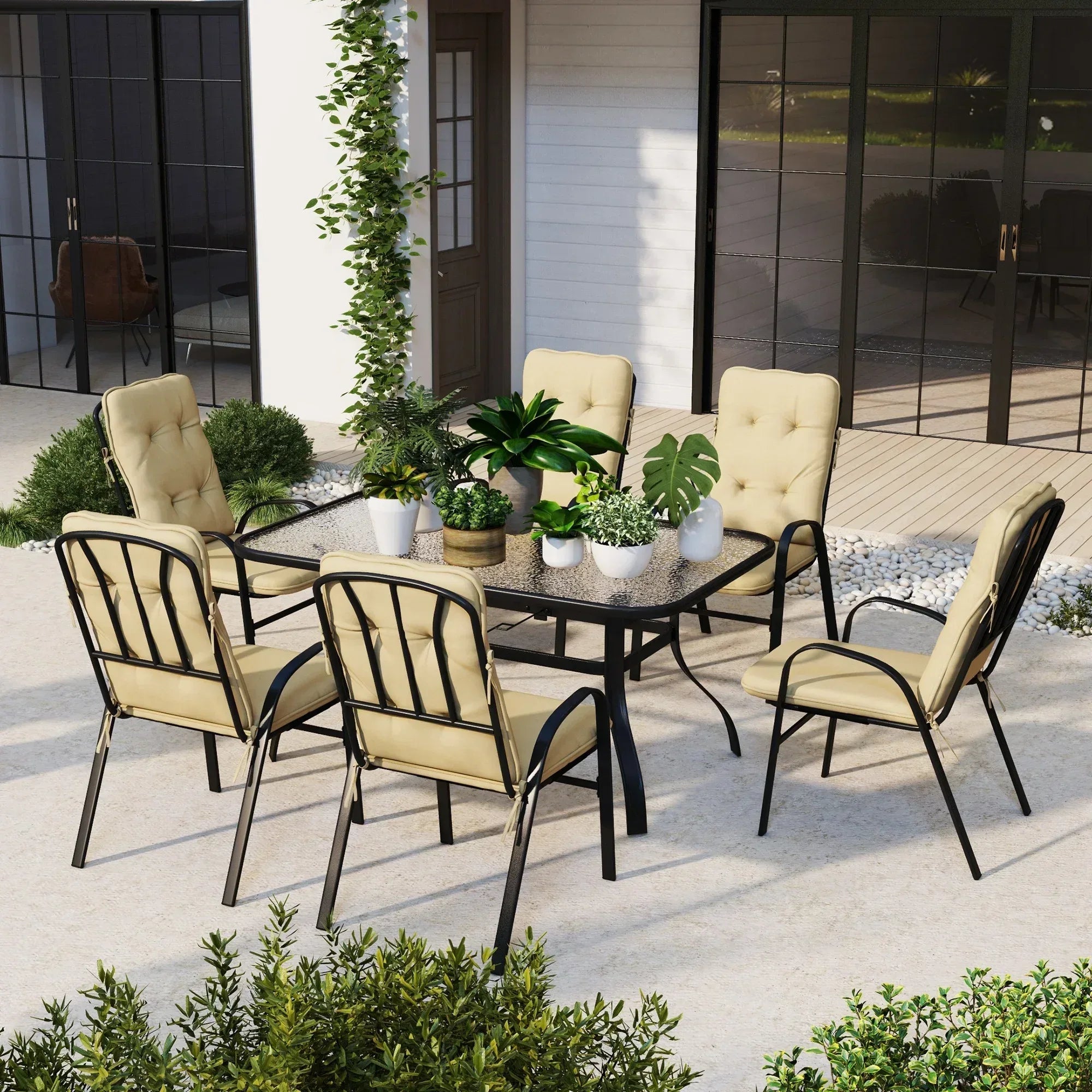 Seven-Piece Garden Dining Set with Cushions - Beige - Bobobiy