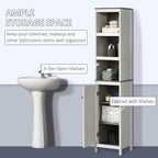 Antique white bathroom storage cabinet with 3 open shelves and lower cabinet with door