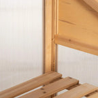 Close-up of wooden interior frame supports inside a cold frame greenhouse