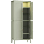 Green tall pantry cupboard with doors open, showing shelves and storage compartments.