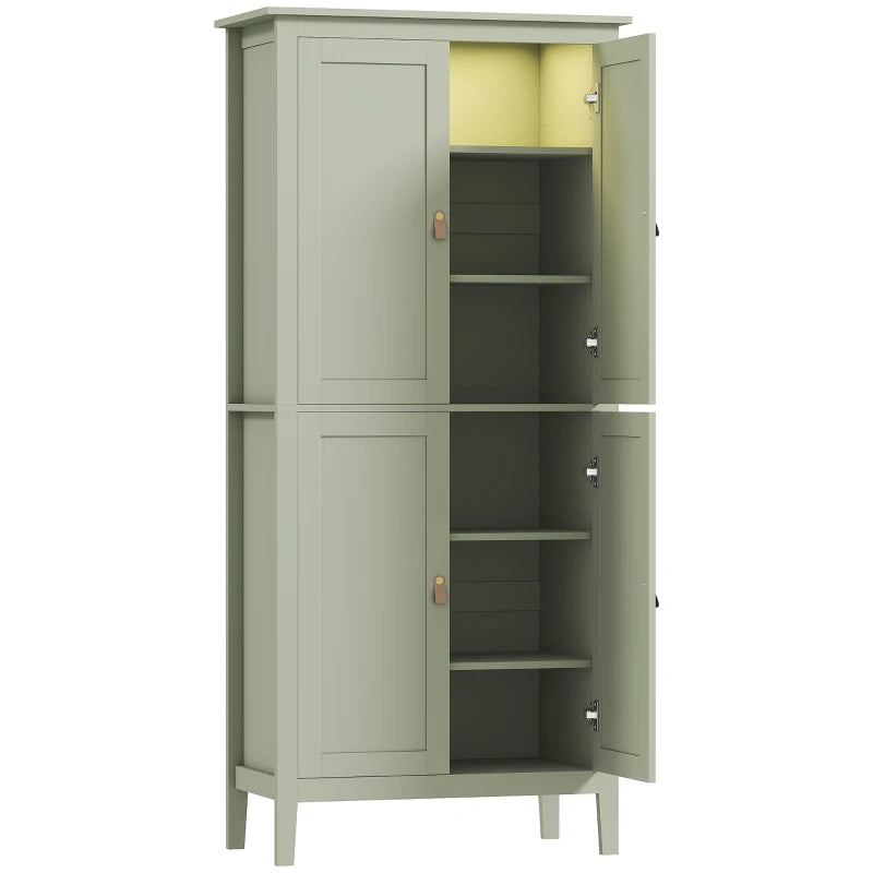 Green tall pantry cupboard with doors open, showing shelves and storage compartments.