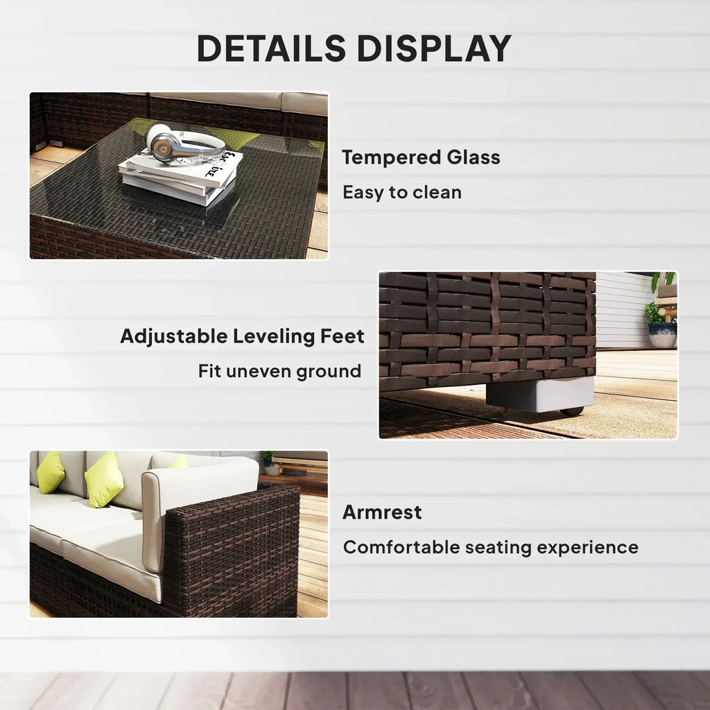 8 Piece Rattan Corner Sofa Set with Wide & Deep Seat, Assembled Aluminium PE Rattan Garden Furniture Set with Thick Cushions and Glass Top Table for Outdoor, Conservatory, Mixed Brown - Bobobiy
