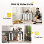 White dog crate furniture with wood top, featuring a multi-room two-panel setup