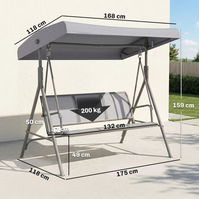 3 Seater Swing Chair, Garden Swing Bench with Canopy, Breathable Mesh Seat and Heavy Duty Steel Frame for Patio, Yard, Grey