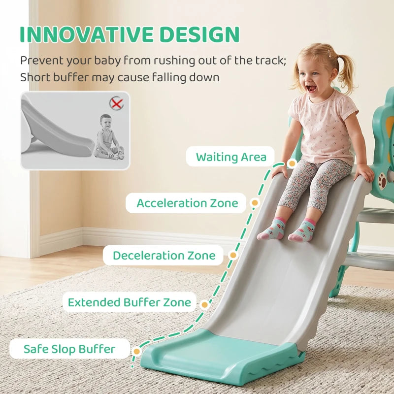 Safe kids slide with extended buffer base and basketball hoop frame for indoor use