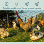 Dark green hexagonal wire mesh fence enclosing chickens and ducks in a yard