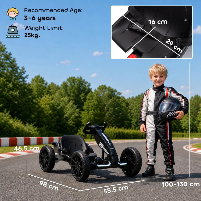 Black kids electric go kart with EVA wheels and bucket seat, rider standing view