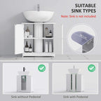 White under-sink cabinet with two doors, open interior storage for sink clearance