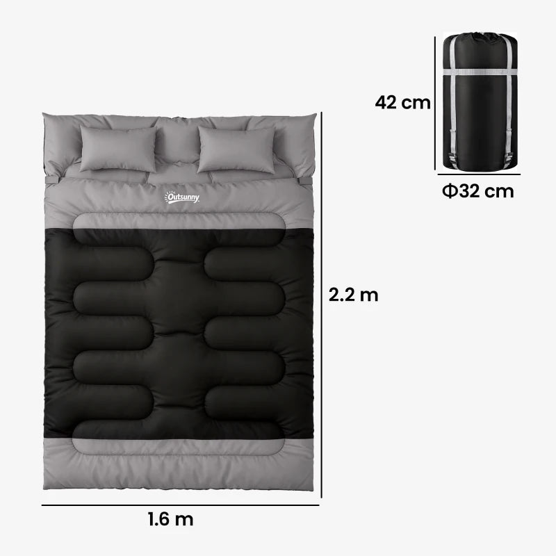 Double sleeping bag with two pillows, black and grey; size 2.2 m x 1.6 m.