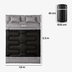 Double sleeping bag with two pillows, black and grey; size 2.2 m x 1.6 m.