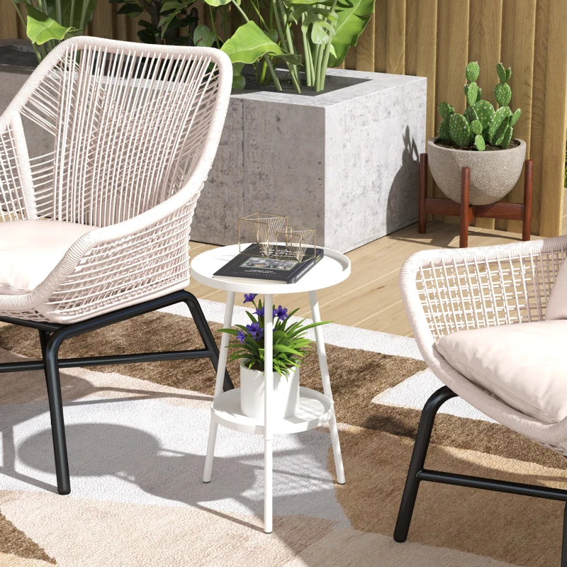 White two-tier round metal garden table with lower shelf beside seating
