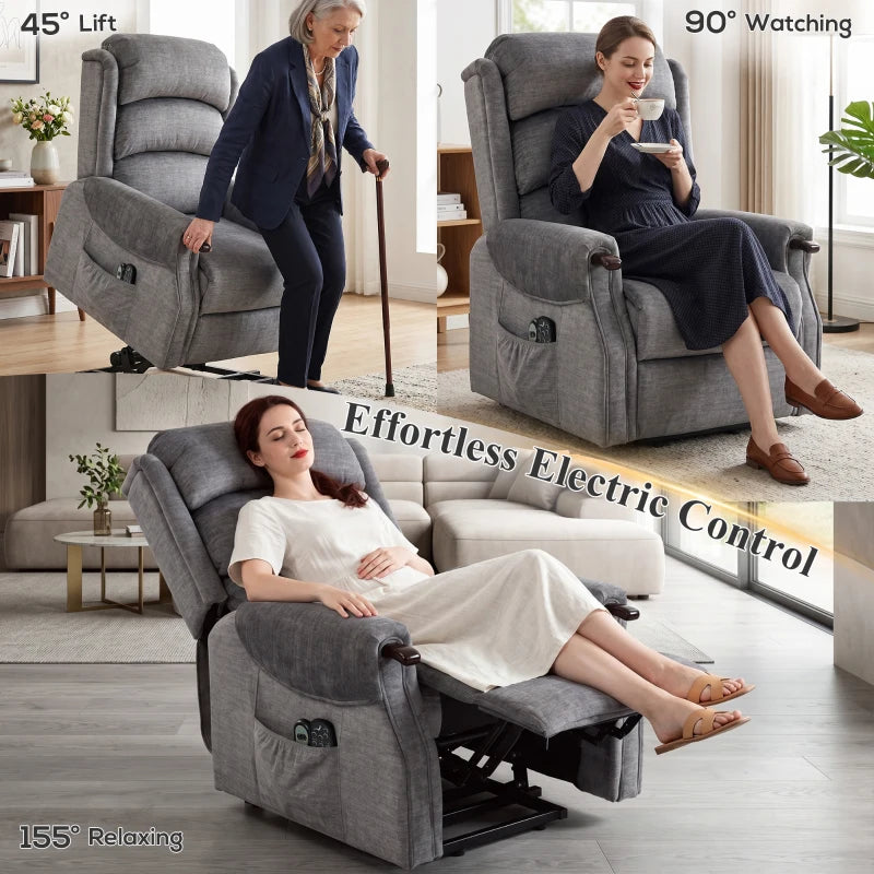 Light grey power lift recliner in use with tall backrest and wide padded seat