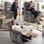 Light grey power lift recliner in use with tall backrest and wide padded seat