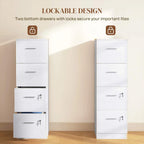 White wood-effect filing cabinet with lockable drawers and silver pull handles