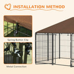 Outdoor dog kennel playpen with brown canopy clips and metal frame connection points