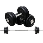 Black adjustable barbell with multiple weight plates and straight steel barbell handle