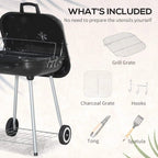 Black charcoal grill with included tongs, spatula, grates, and hanging hooks