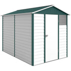 Green metal outdoor garden shed with sloped roof, double doors, and latch on front