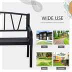 Black metal two-seat garden bench with curved slat backrest and armrests