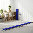 Blue folding gymnastics balance beam mat shown on floor with height markers