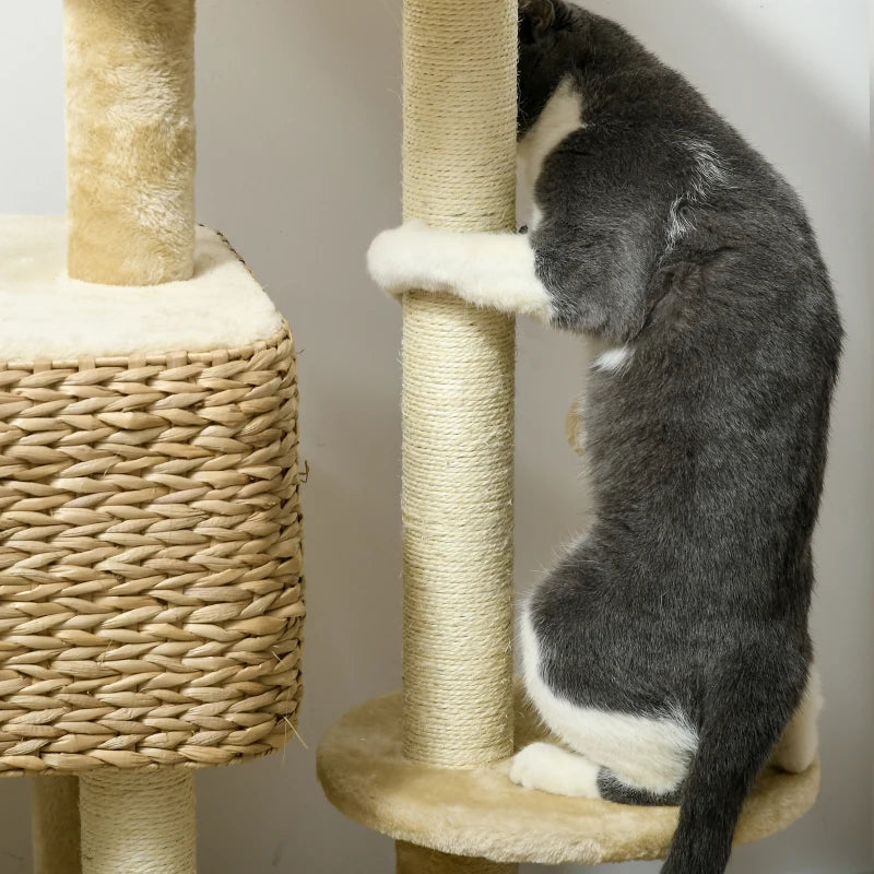 Close-up of beige scratching post wrapped in sisal with plush platform edge