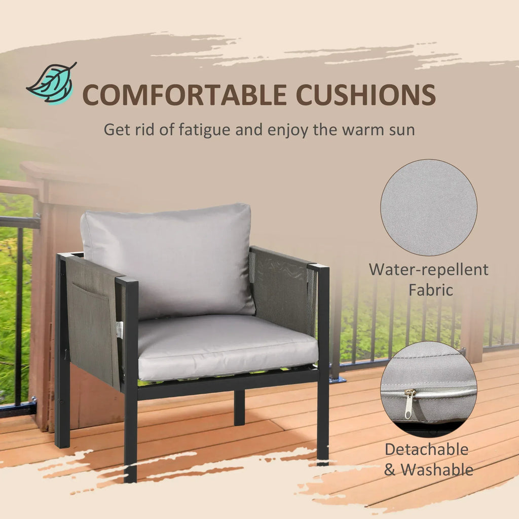 4 Piece Metal Garden Furniture Set with Tempered Glass Coffee Table, Texteline Pocket, Outdoor Set Loveseat Single Armchairs with Padded Cushions, Light Grey - Bobobiy