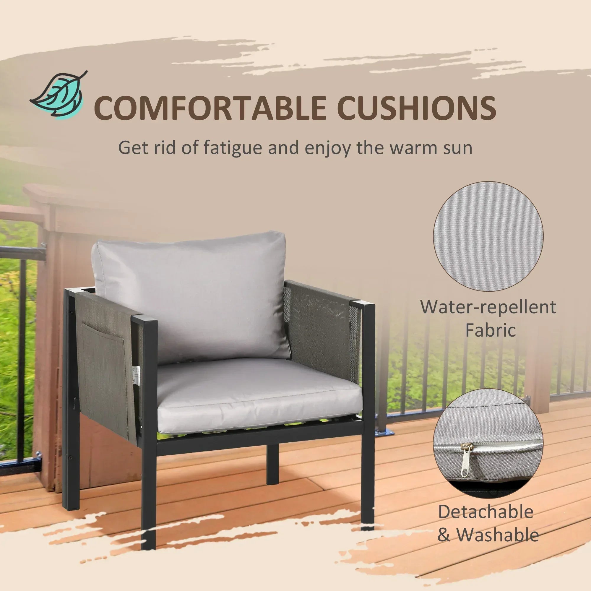 4 Piece Metal Garden Furniture Set with Tempered Glass Coffee Table, Texteline Pocket, Outdoor Set Loveseat Single Armchairs with Padded Cushions, Light Grey - Bobobiy