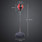 Red-and-black punching ball on height-adjustable stand with round weighted base