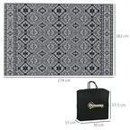 Reversible black and grey outdoor rug with carry bag, size shown in cm