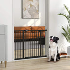 Black safety gate with vertical bars and pressure-mounted frame
