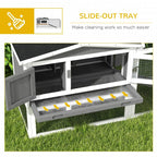 Grey sliding-out tray rabbit hutch with wire mesh housing and ramp inside