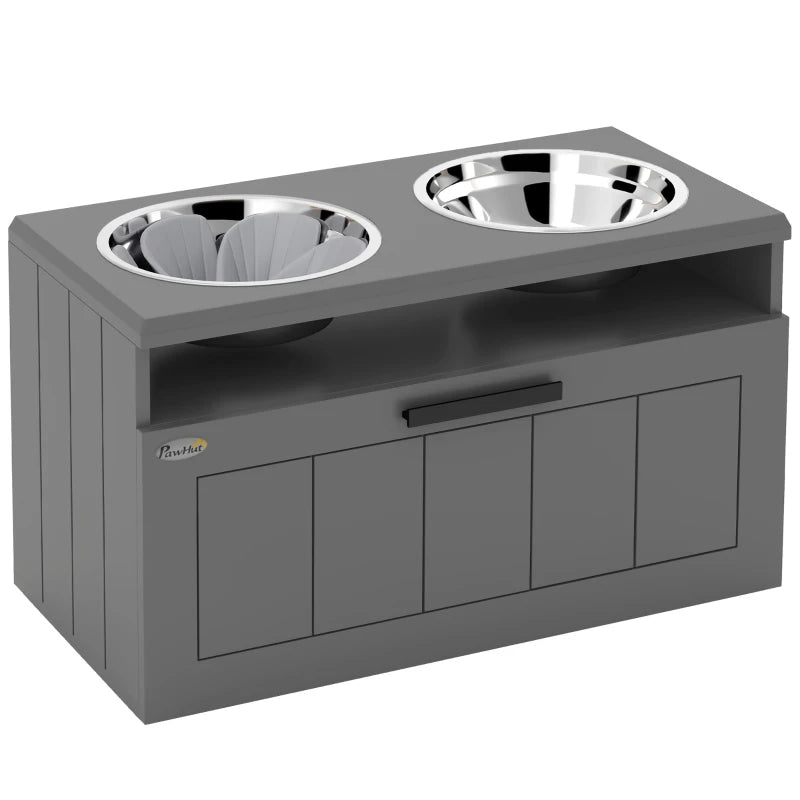 Grey raised dog feeding station with two stainless bowls and slow feeder inserts