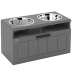 Grey raised dog feeding station with two stainless bowls and slow feeder inserts