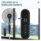 Black pedestal fan with LED display and wireless remote for modes and mosquito timer