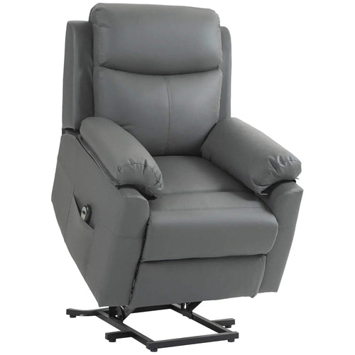 Charcoal grey faux leather electric riser recliner chair with padded arms and footrest