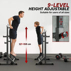 Height-adjustable squat rack with multiple hole positions on the uprights and feet bases