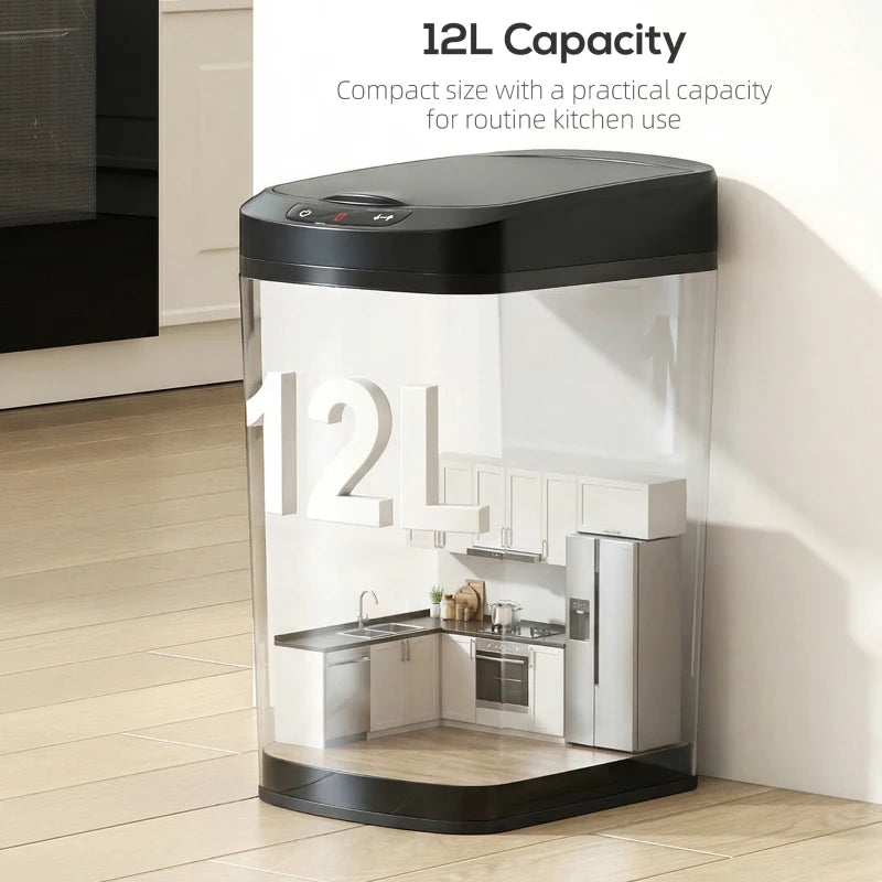 Black 12L sensor trash bin with transparent inner lid window on top
