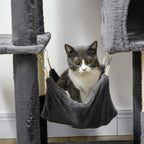 Dark grey cat tree hammock with hanging toys, cat resting between scratching posts