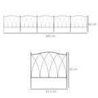 Black decorative metal fence panel with dimensions, arched lattice and vertical stakes