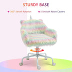 Rainbow fluffy unicorn-themed office chair on 5-star wheeled swivel base