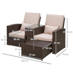 Brown rattan 2-seat sofa lounger set with two armchairs and beige seat cushions