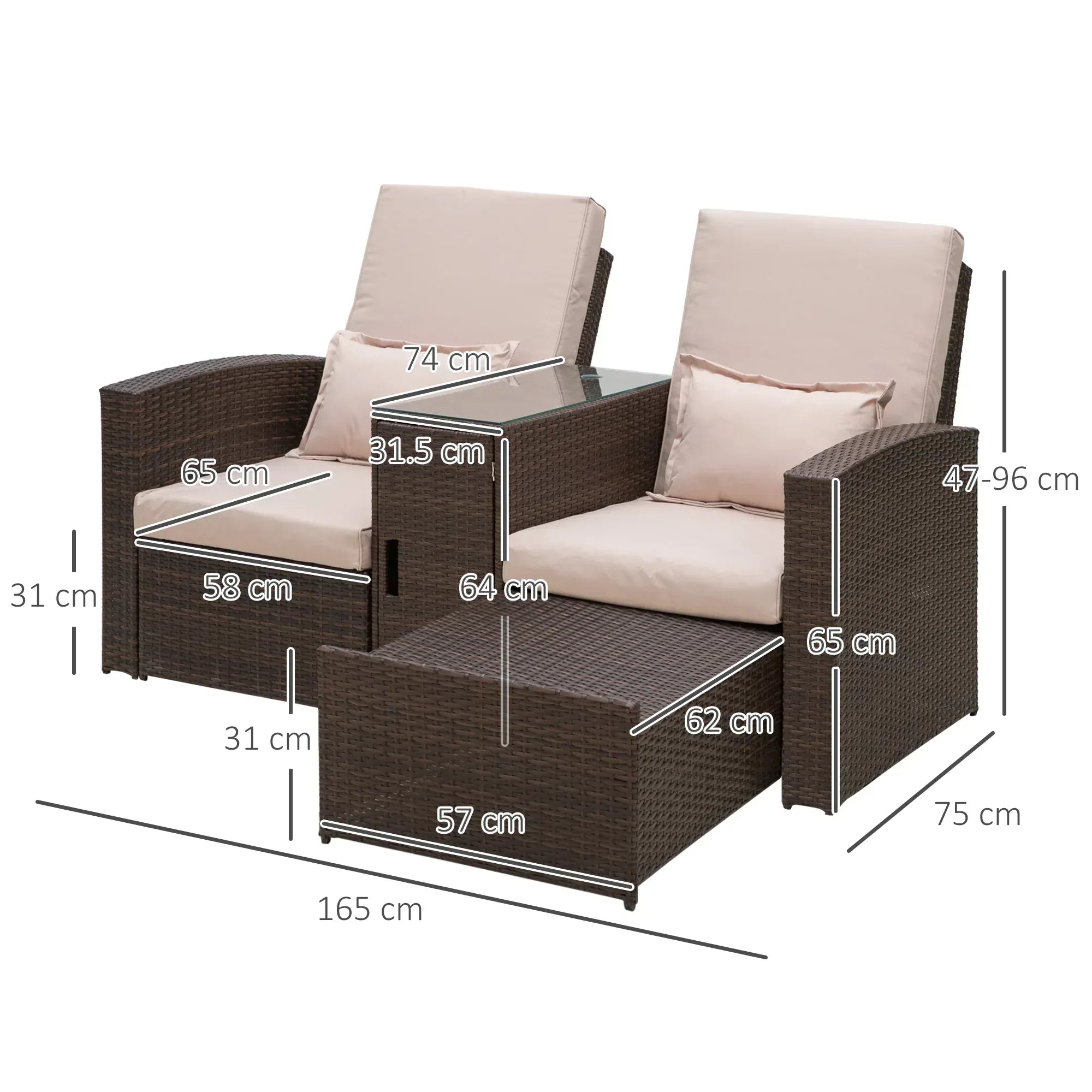 2-Seater Rattan Sofa Lounger Set-Brown - Bobobiy