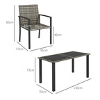 Grey woven dining chair with black frame; dimensions shown with matching table