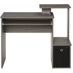 Grey computer desk with open center shelves and side fabric drawer storage