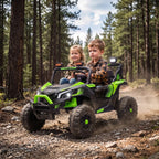 Green 2-seat ride-on UTV with two children driving through dirt with dust