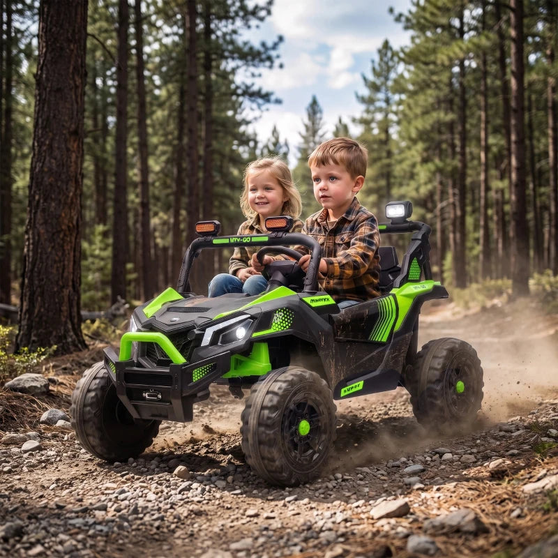 Green 2-seat ride-on UTV with two children driving through dirt with dust