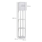 White 3-tier floor lamp, 160 cm tall, three open shelves, acrylic shade