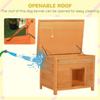 Yellow wooden elevated dog kennel with open front and hinged roof panel for access