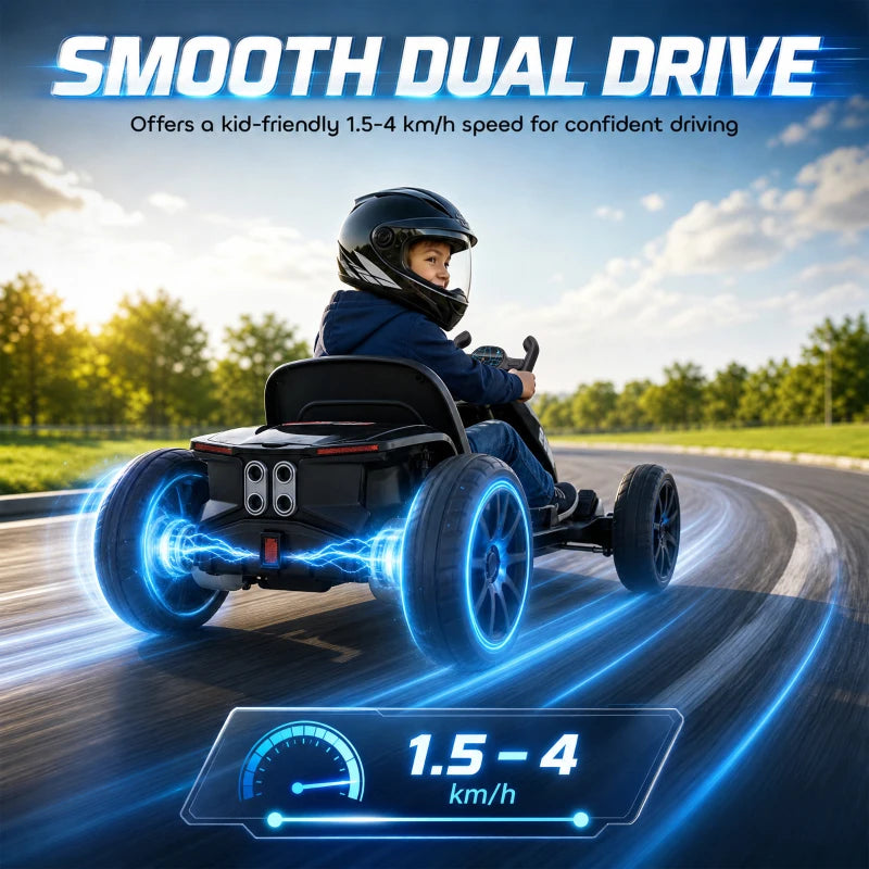 Black electric kids go kart with smooth dual drive and glowing wheel accents